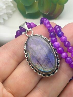 Purple Labradorite Pendant Necklace Boho Southwest Sterling Silver 925 Overlay